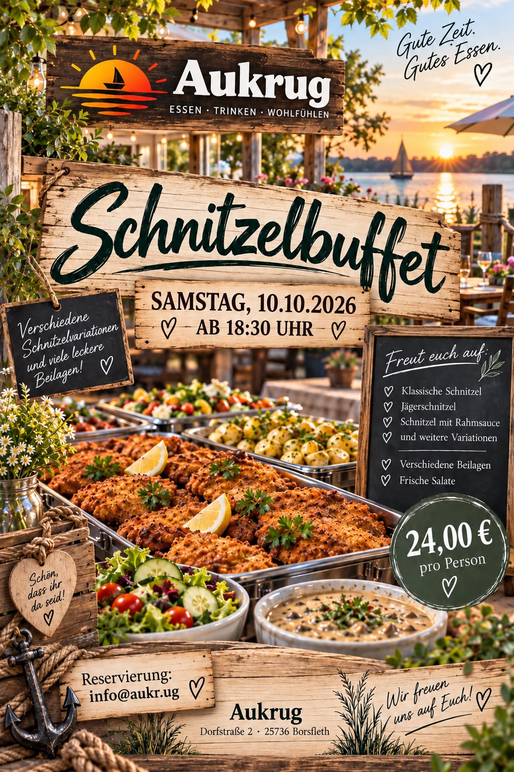 Originalplakat zum Schnitzelbuffet im Aukrug am 10. Oktober 2026 ab 18:30 Uhr
