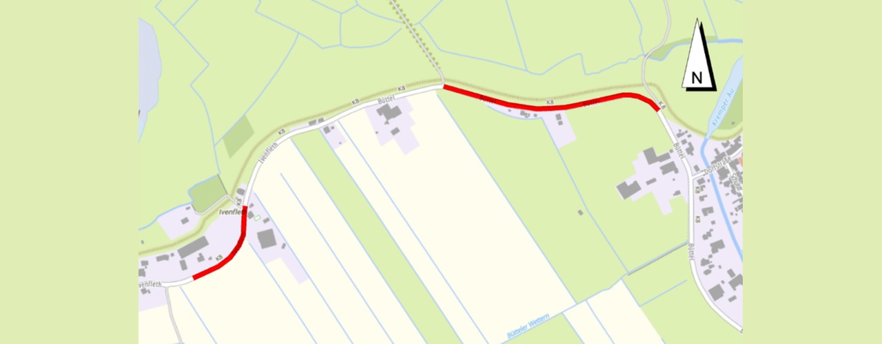 Übersichtslageplan mit den zwei rot markierten Bauabschnitten am Radweg der K 8 zwischen Borsfleth und Ivenfleth.